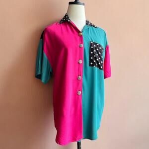 Vintage 80s Colorblock Rayon Blouse | Dopamine Teal Pink Polka Dot | Oversized M